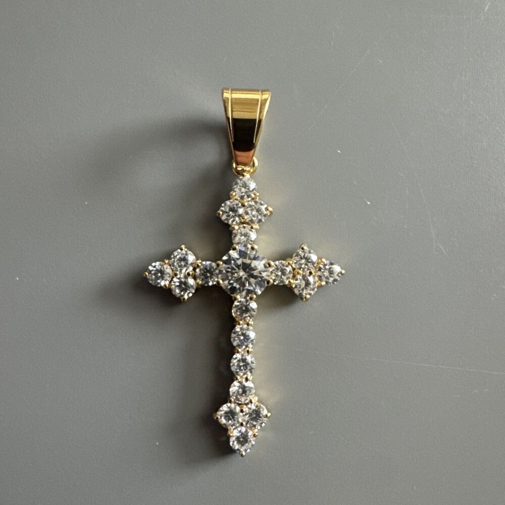 Cubic Zirconia Stainless Steel Cross Pendant Gift Trendy 24” Necklace Gold Tone